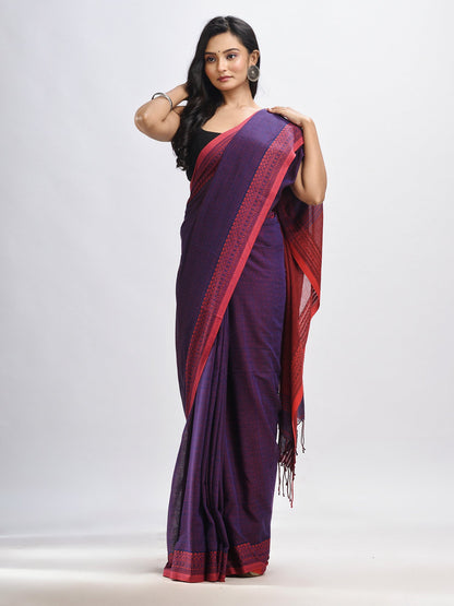 Women's Nevy blue cotton kantha stitch handwoven saree