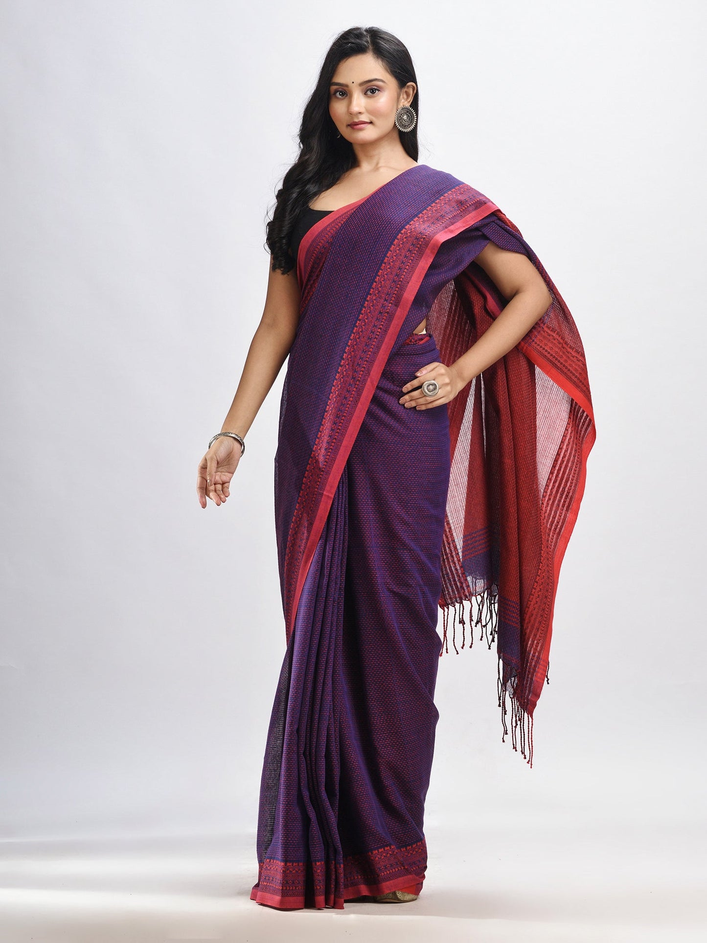 Women's Nevy blue cotton kantha stitch handwoven saree