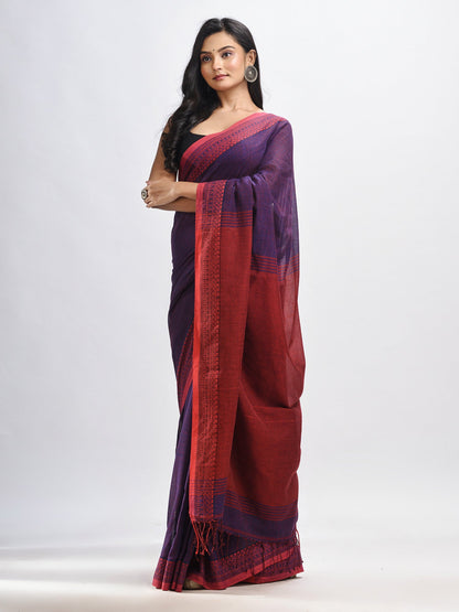 Women's Nevy blue cotton kantha stitch handwoven saree