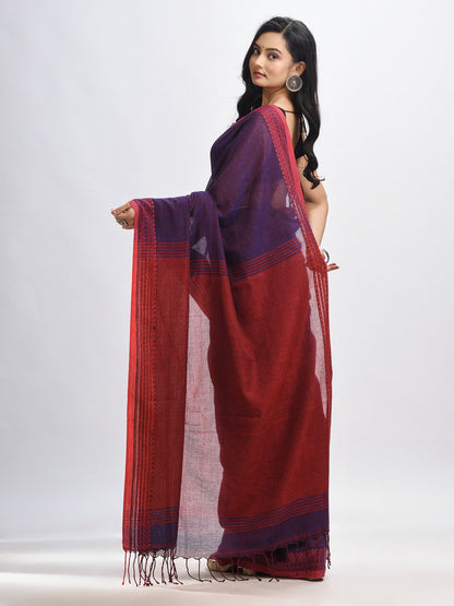 Women's Nevy blue cotton kantha stitch handwoven saree