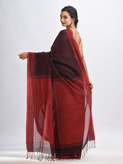 Women's Black cotton kantha stitch handwoven saree