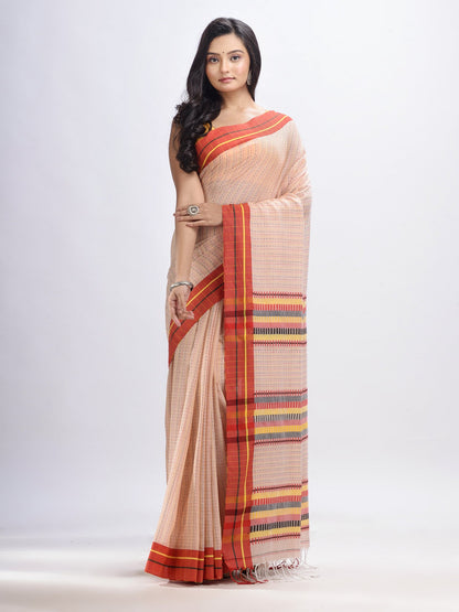 Women's Chic peach cotton kantha stitch handwoven saree