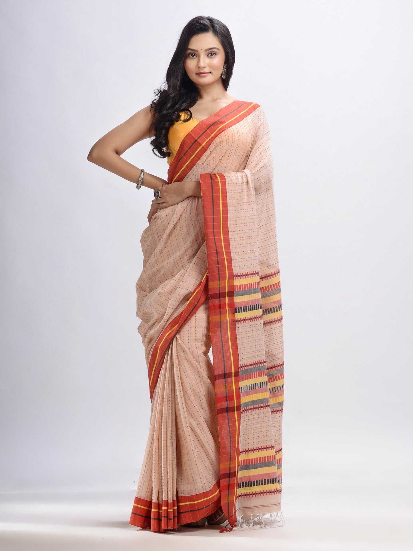 Women's Chic peach cotton kantha stitch handwoven saree