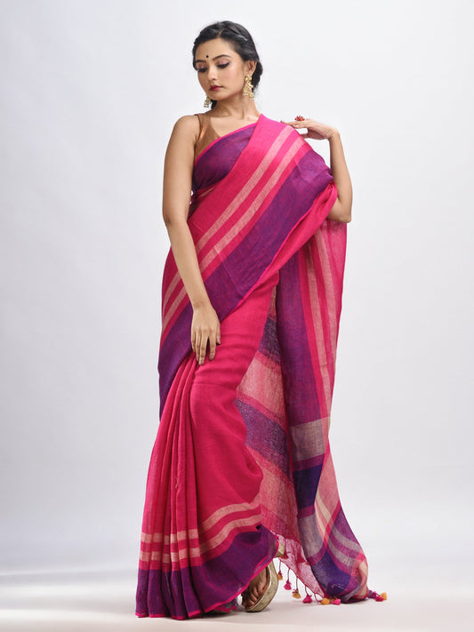 Women's Pink with multi colour pallu handwoven line saree