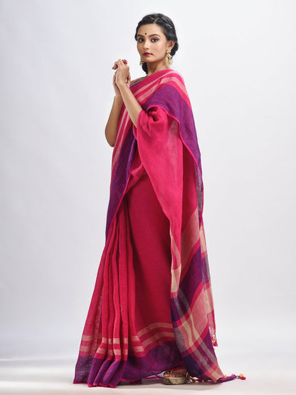 Women's Pink with multi colour pallu handwoven line saree