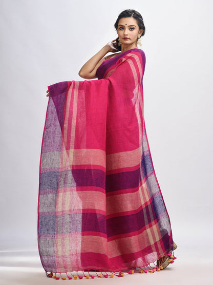 Women's Pink with multi colour pallu handwoven line saree