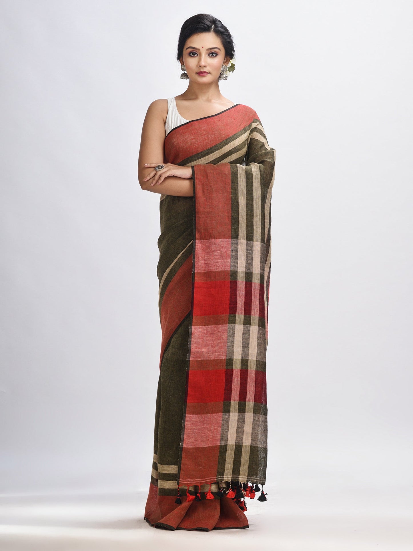 Women's Army green with multi colour pallu handwoven linen saree