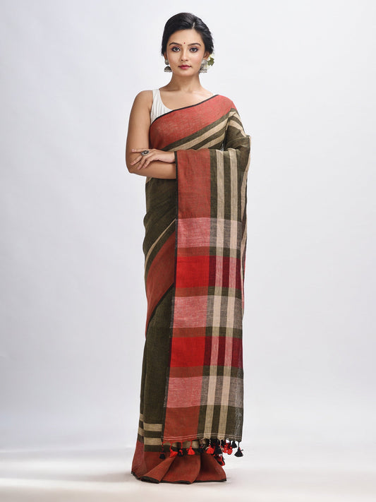 Women's Army green with multi colour pallu handwoven linen saree