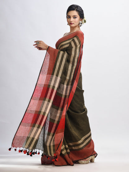 Women's Army green with multi colour pallu handwoven linen saree