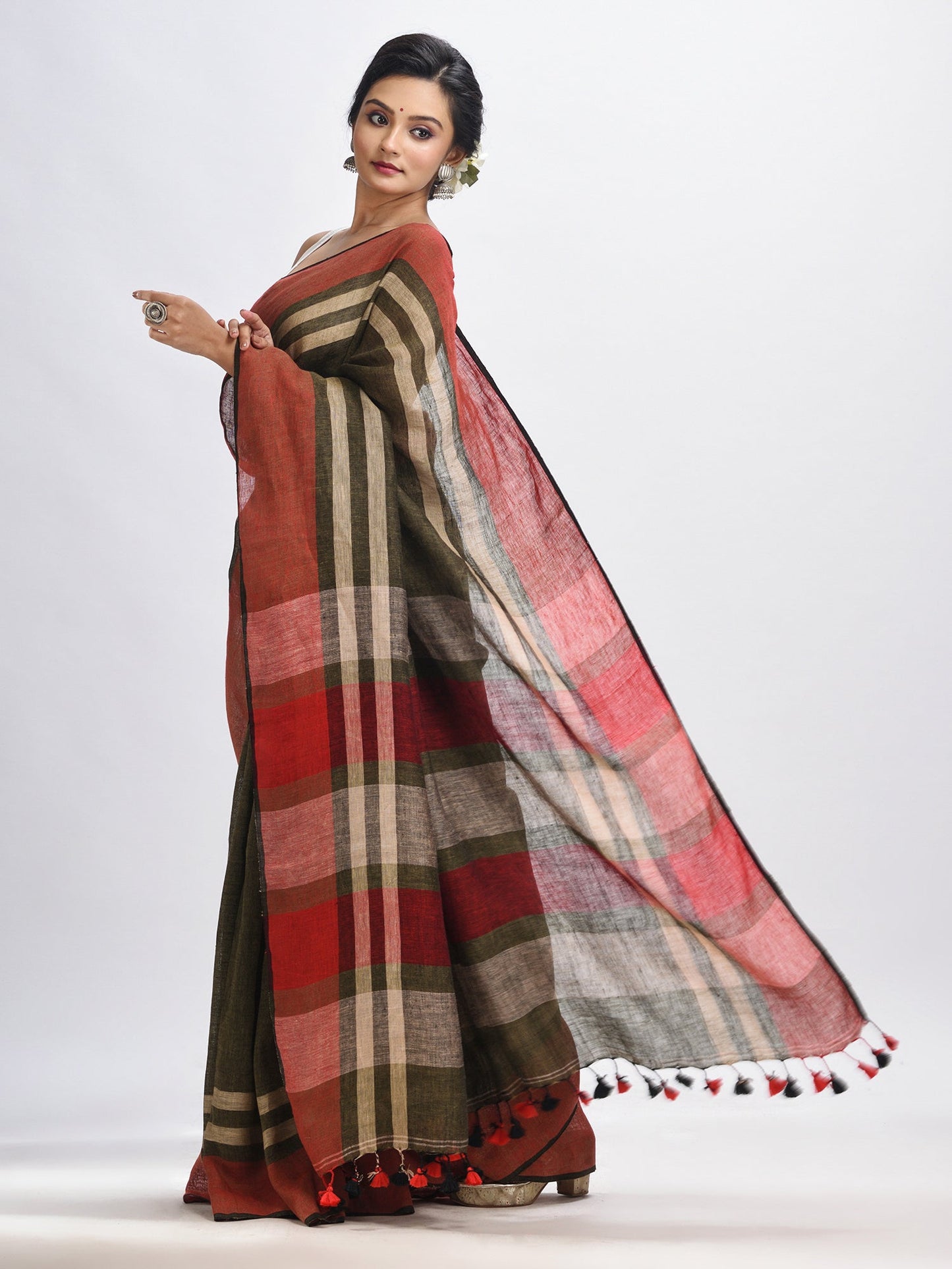 Women's Army green with multi colour pallu handwoven linen saree