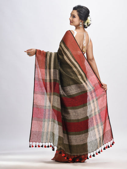 Women's Army green with multi colour pallu handwoven linen saree