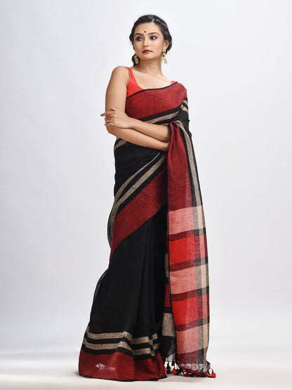 Women's Black with multi colour pallu handwoven linen saree