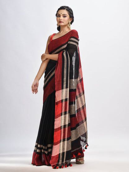 Women's Black with multi colour pallu handwoven linen saree
