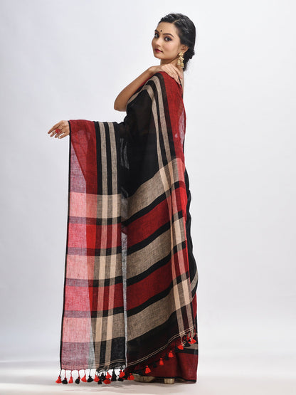 Women's Black with multi colour pallu handwoven linen saree