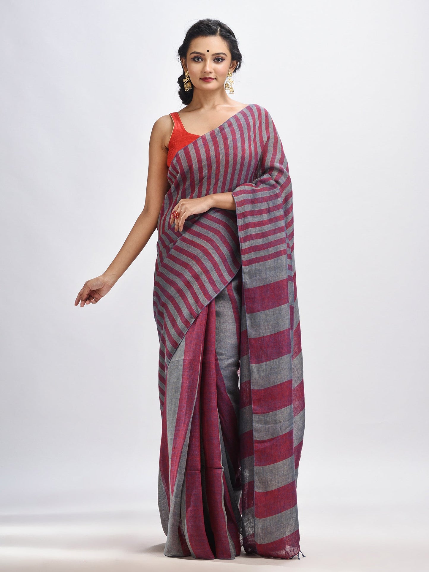 Women's Maroon And Steel Stipe Handwoven linen handloom Saree