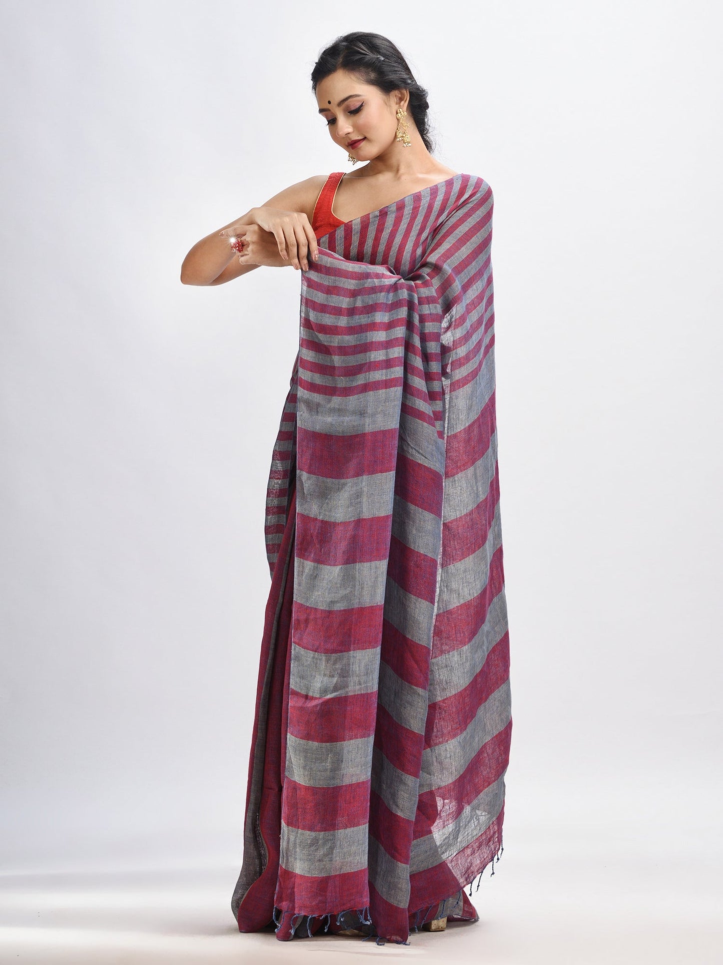 Women's Maroon And Steel Stipe Handwoven linen handloom Saree
