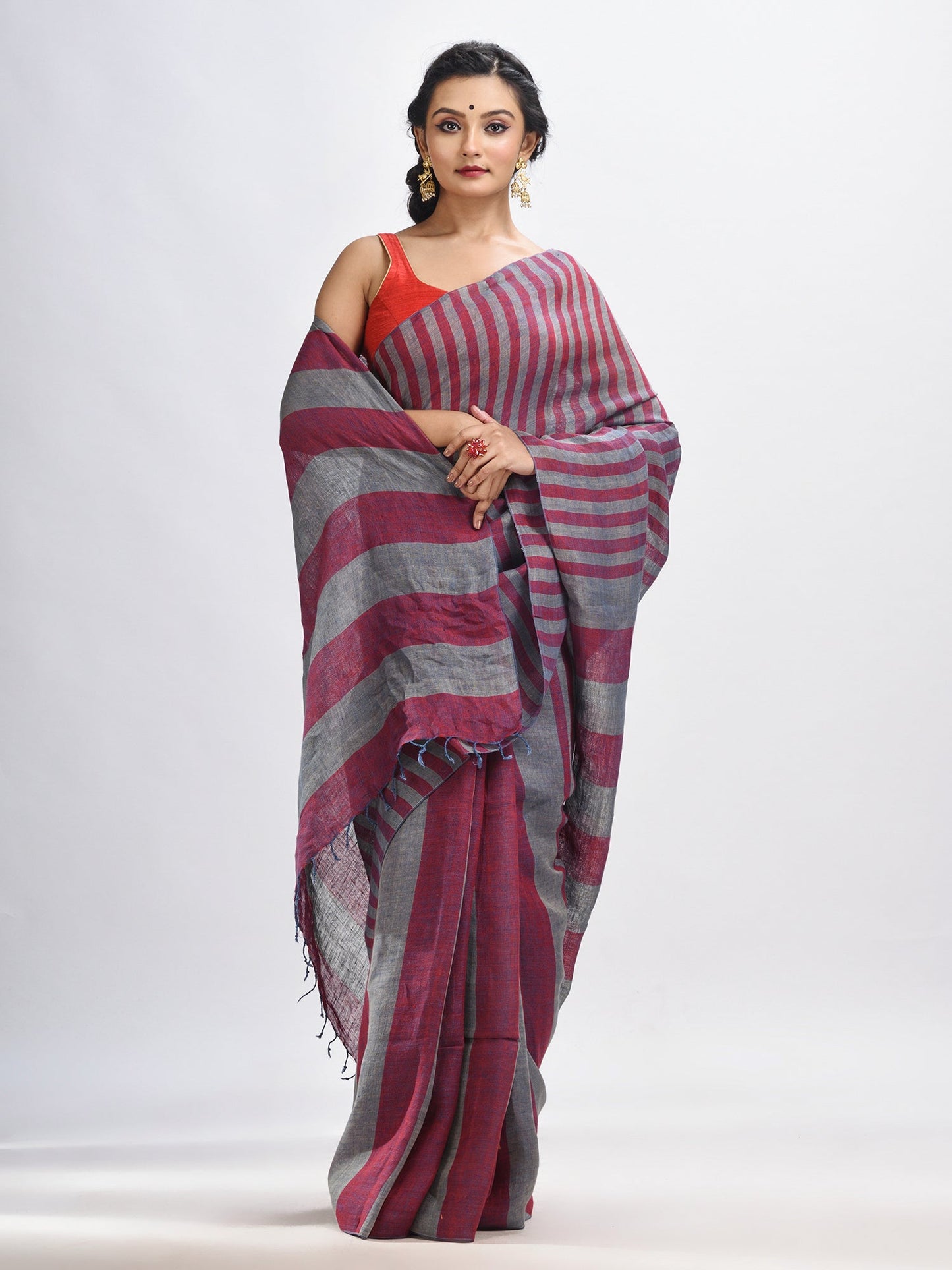 Women's Maroon And Steel Stipe Handwoven linen handloom Saree