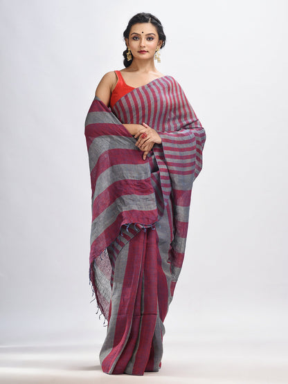 Women's Maroon And Steel Stipe Handwoven linen handloom Saree