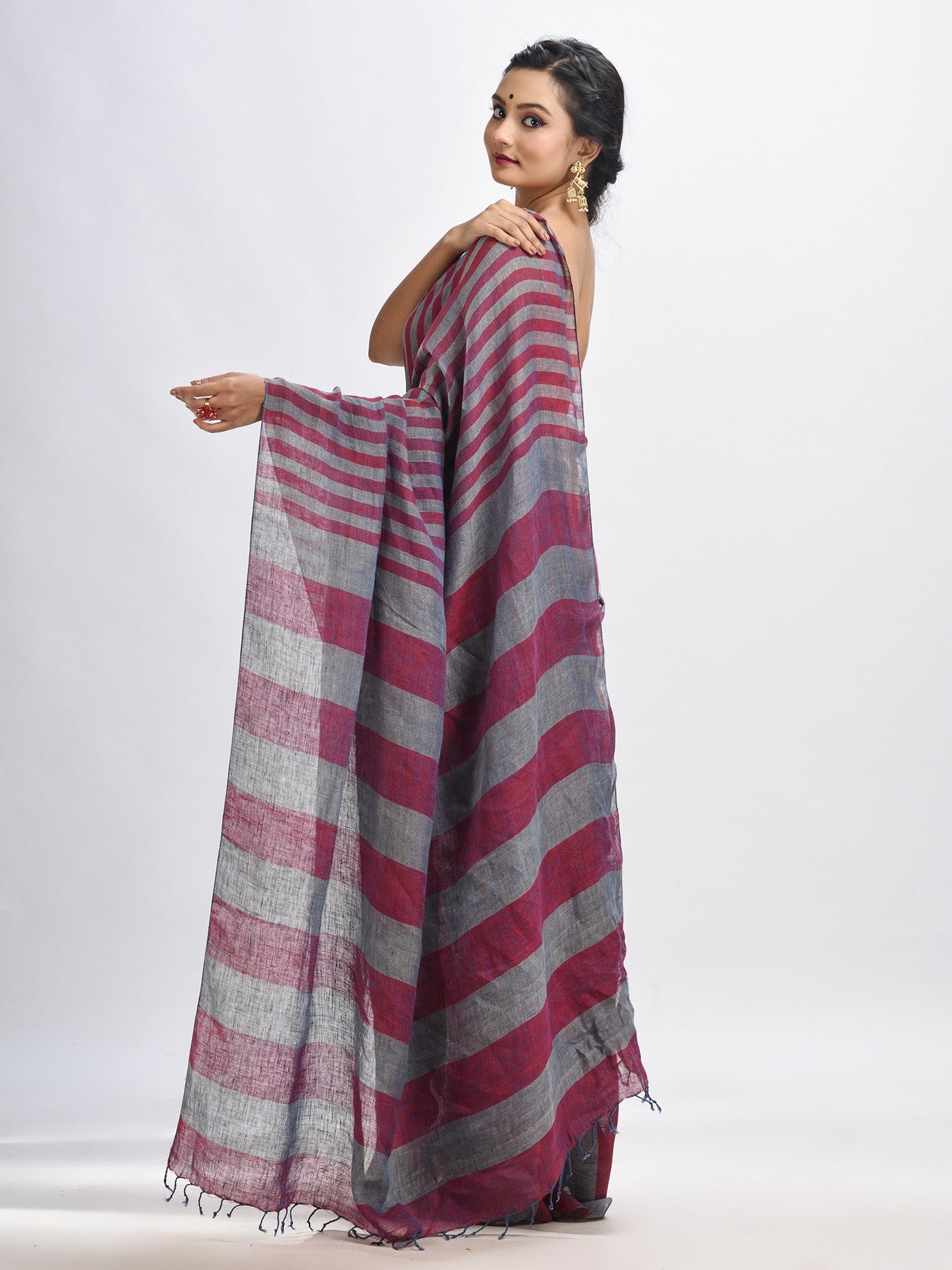 Women's Maroon And Steel Stipe Handwoven linen handloom Saree
