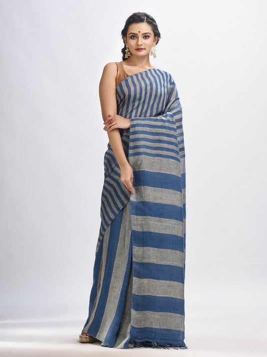 Women's Nevy blue And muga Stipe Handwoven linen handloom Saree