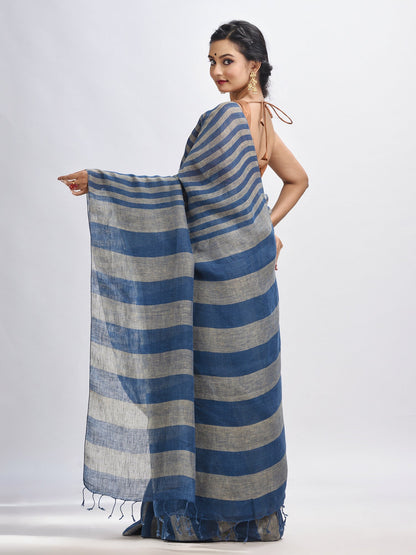 Women's Nevy blue And muga Stipe Handwoven linen handloom Saree