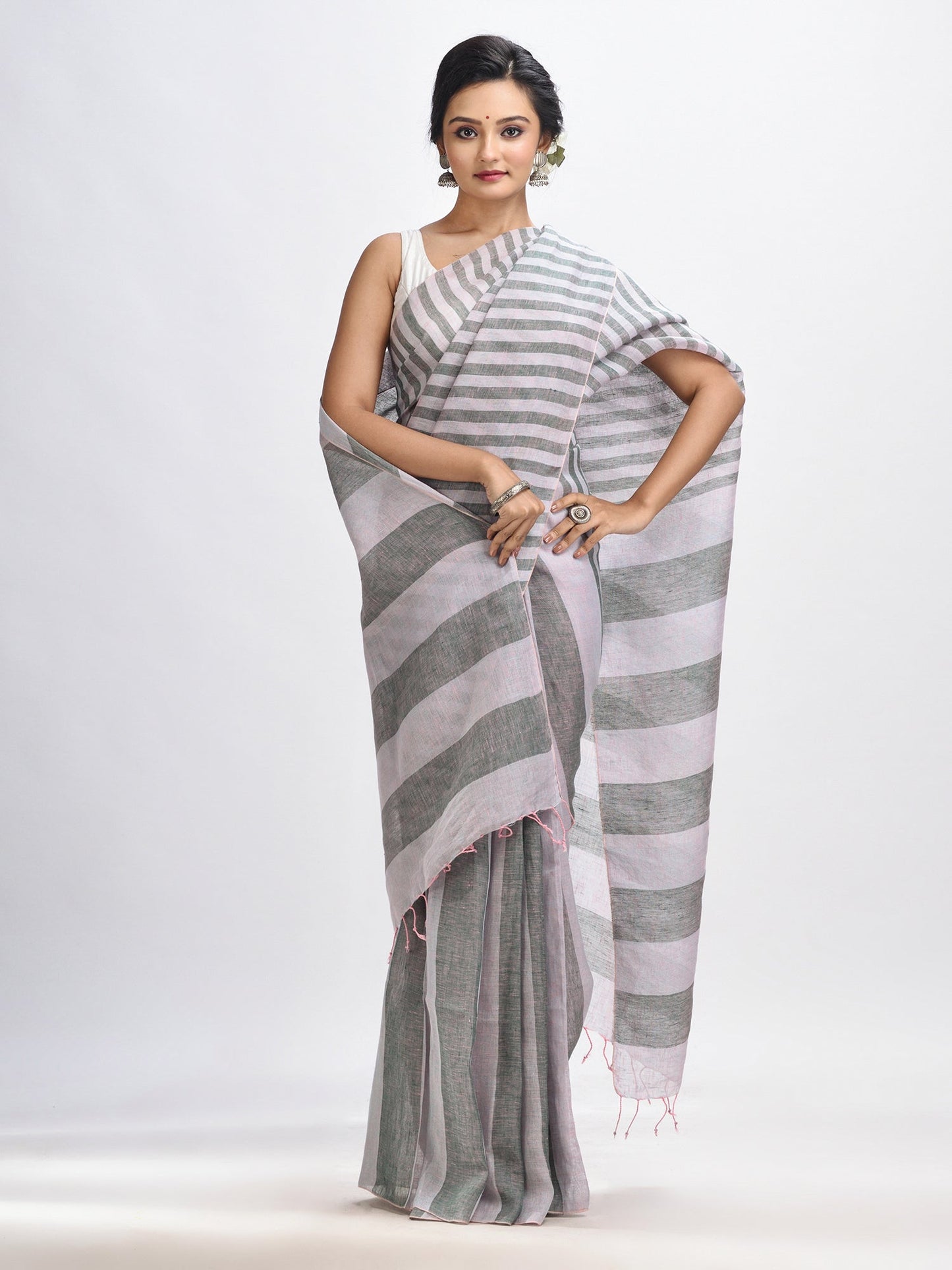 Women's Ash And Light grey Stipe Handwoven linen handloom Saree