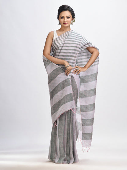 Women's Ash And Light grey Stipe Handwoven linen handloom Saree