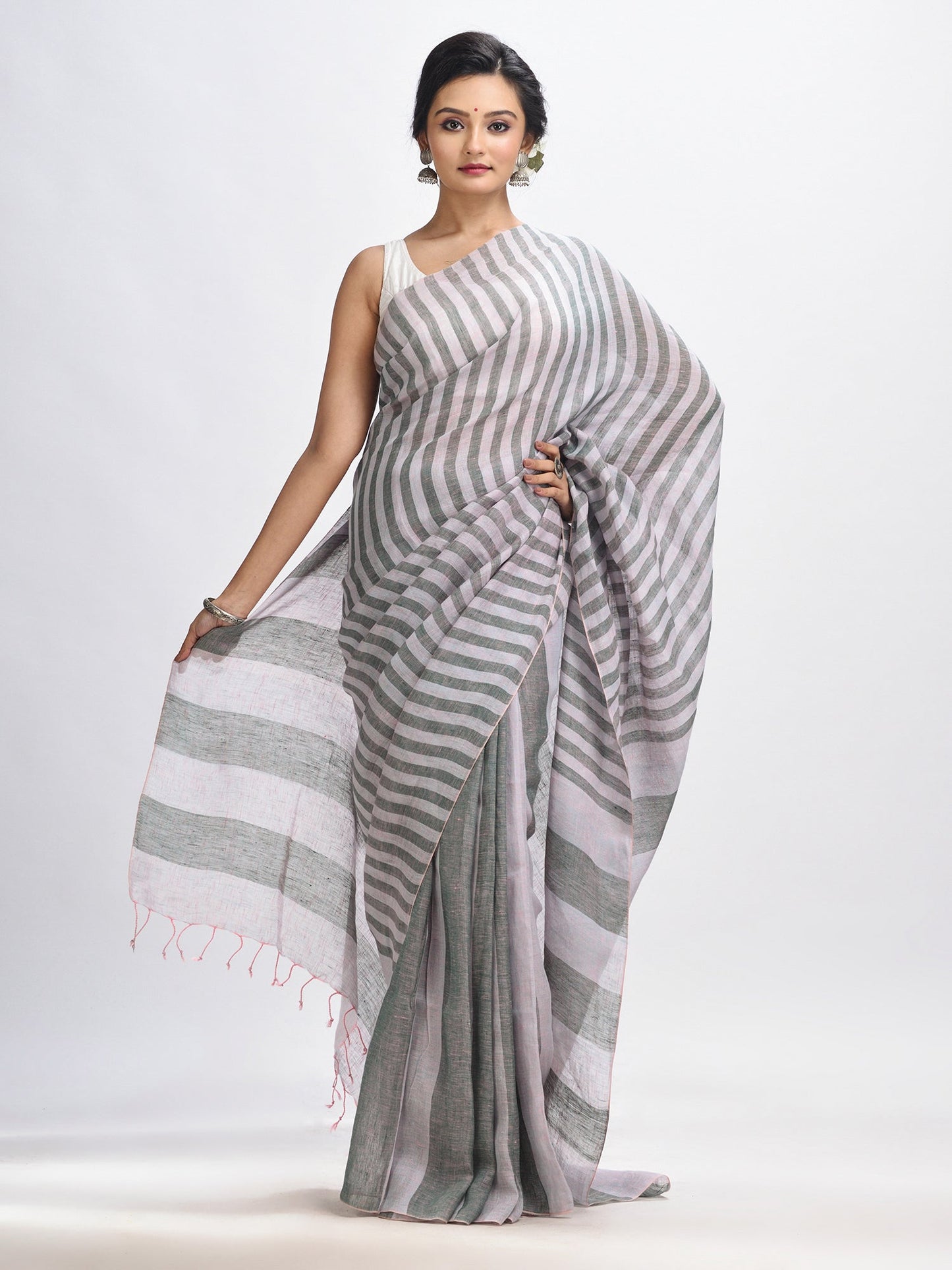 Women's Ash And Light grey Stipe Handwoven linen handloom Saree