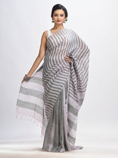 Women's Ash And Light grey Stipe Handwoven linen handloom Saree