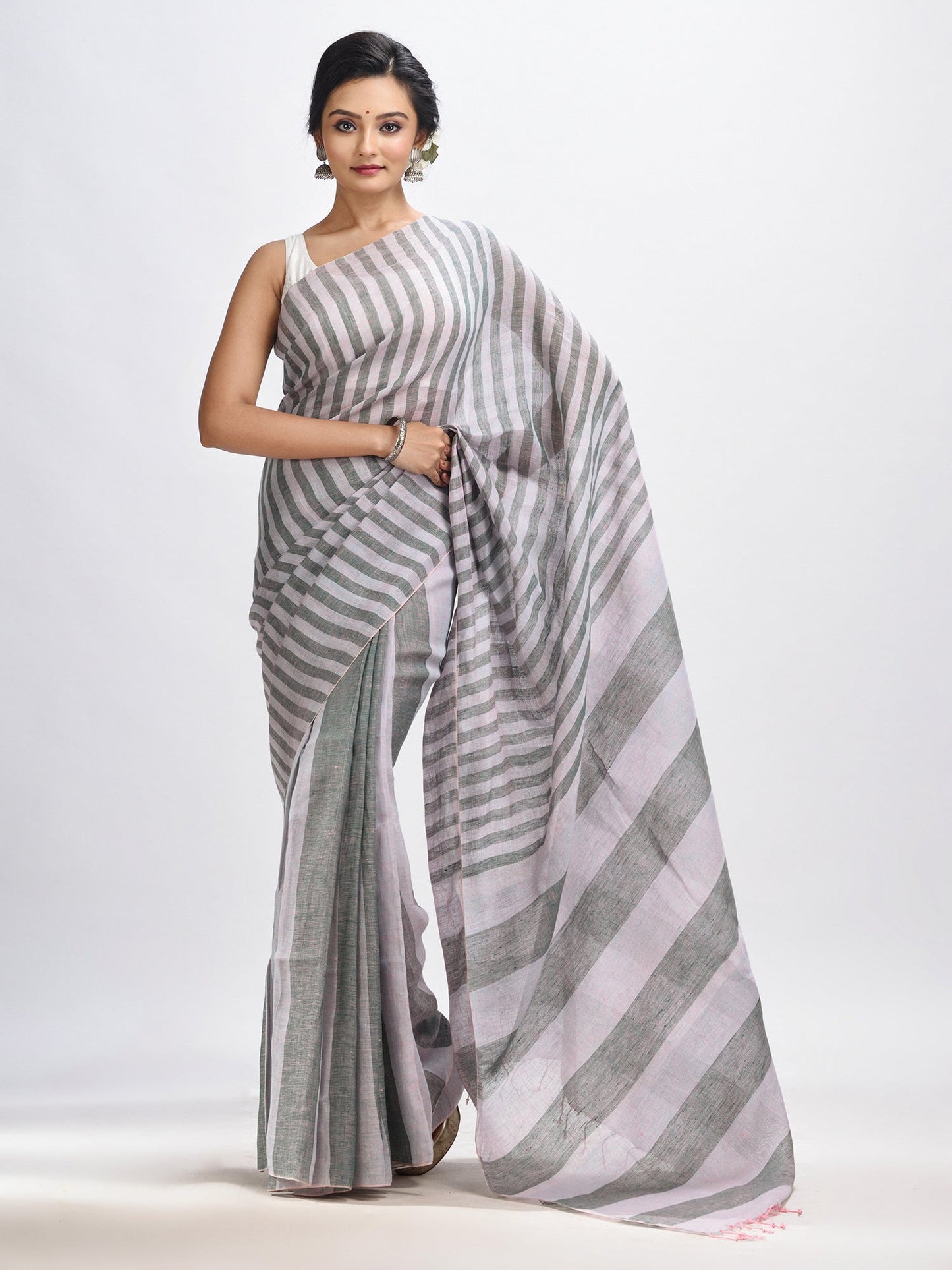 Women's Ash And Light grey Stipe Handwoven linen handloom Saree
