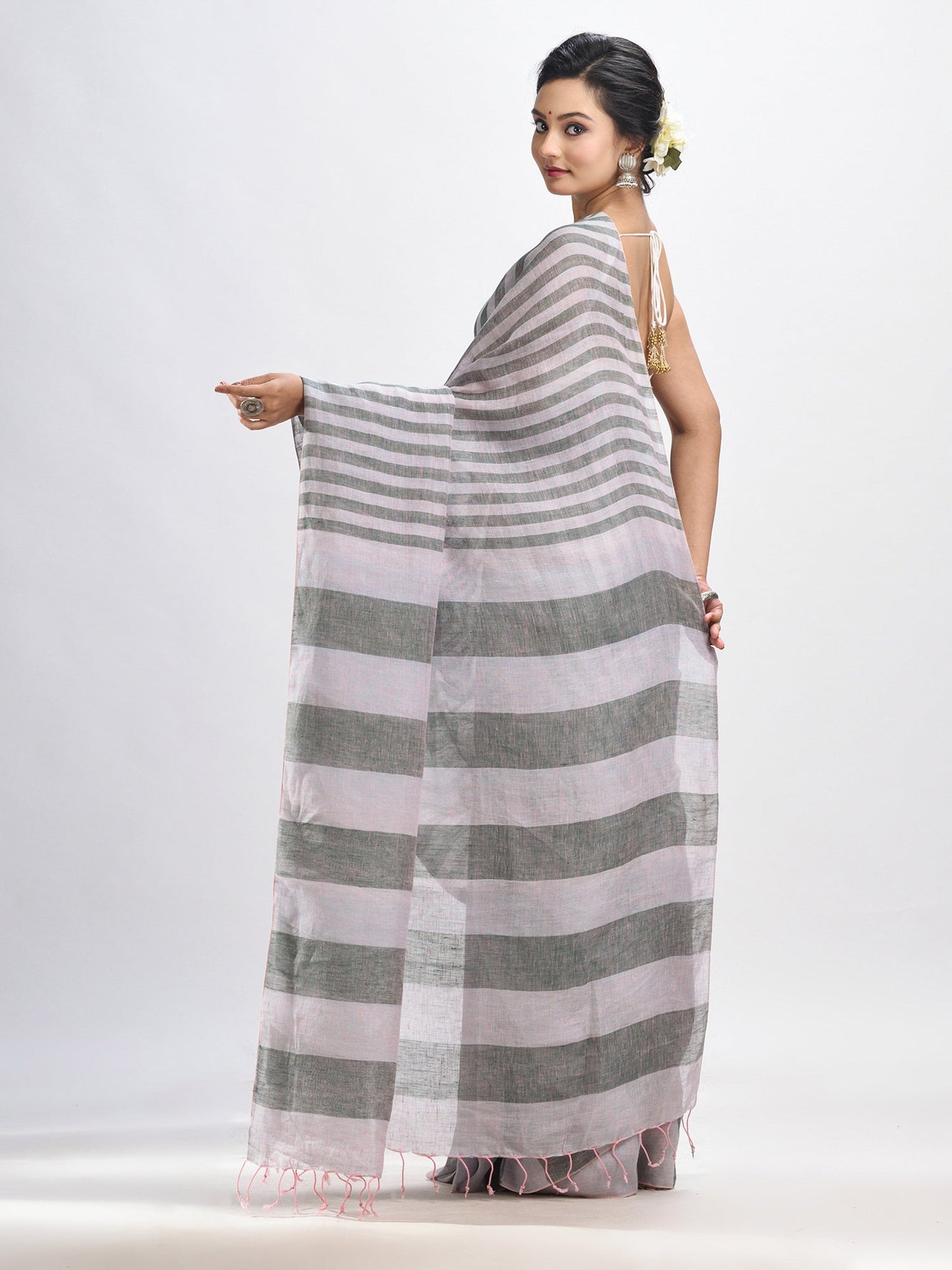 Women's Ash And Light grey Stipe Handwoven linen handloom Saree