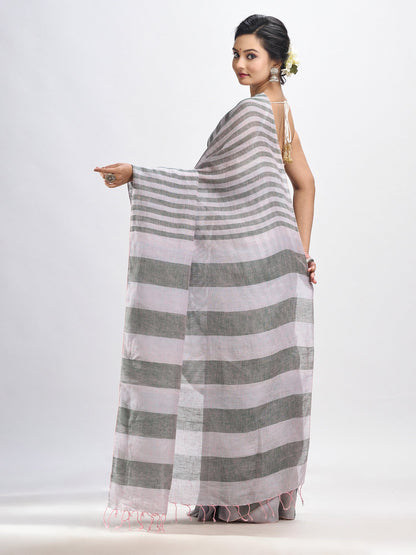 Women's Ash And Light grey Stipe Handwoven linen handloom Saree
