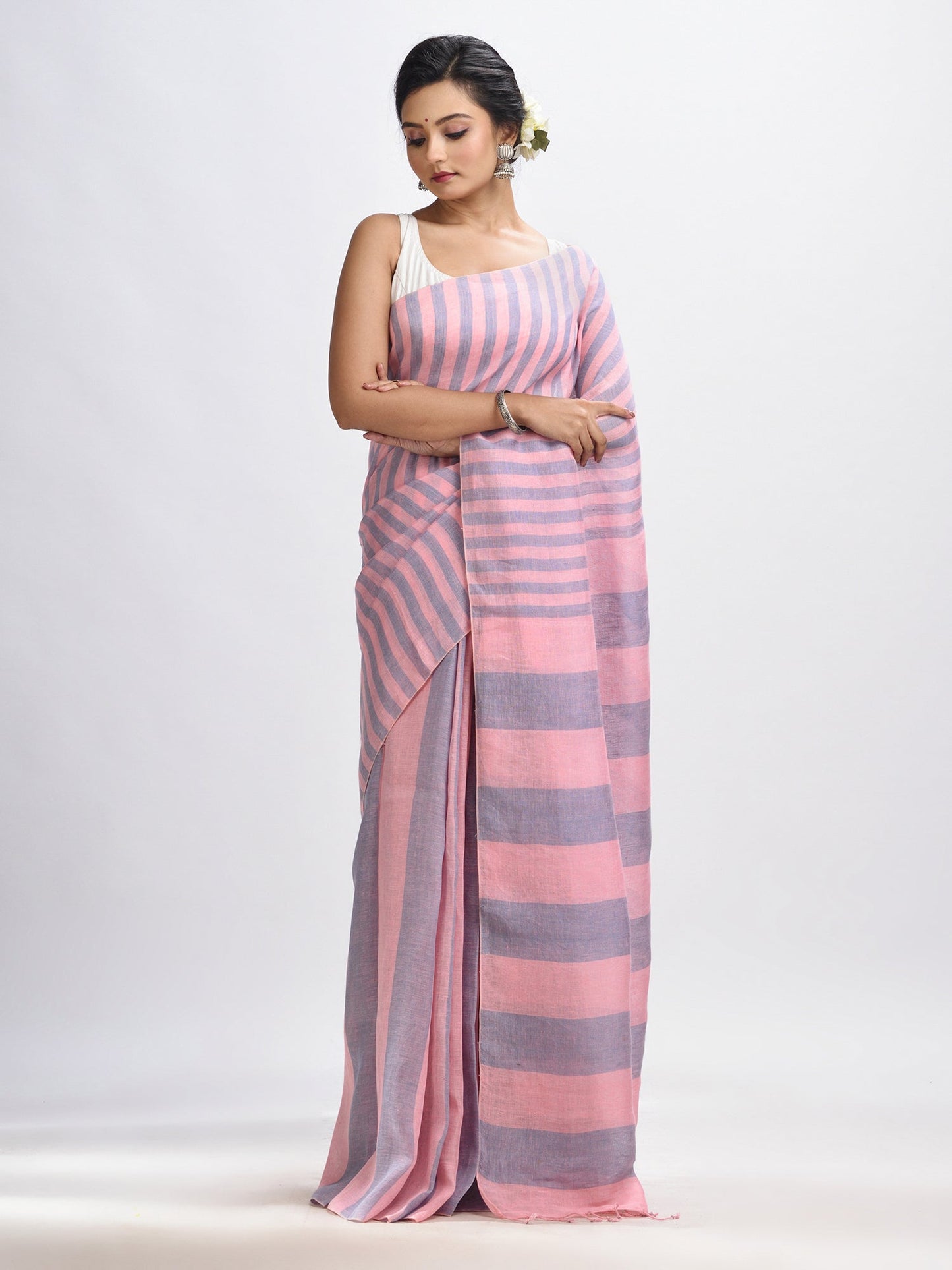 Women's Lemonade pink And Glaucous Stipe Handwoven linen handloom Saree