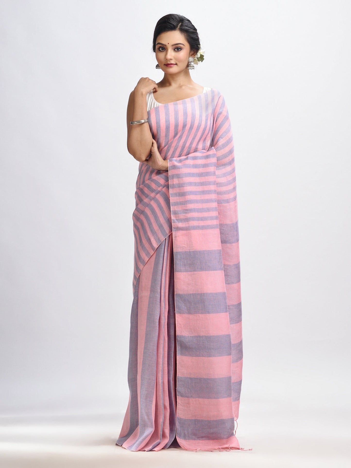 Women's Lemonade pink And Glaucous Stipe Handwoven linen handloom Saree
