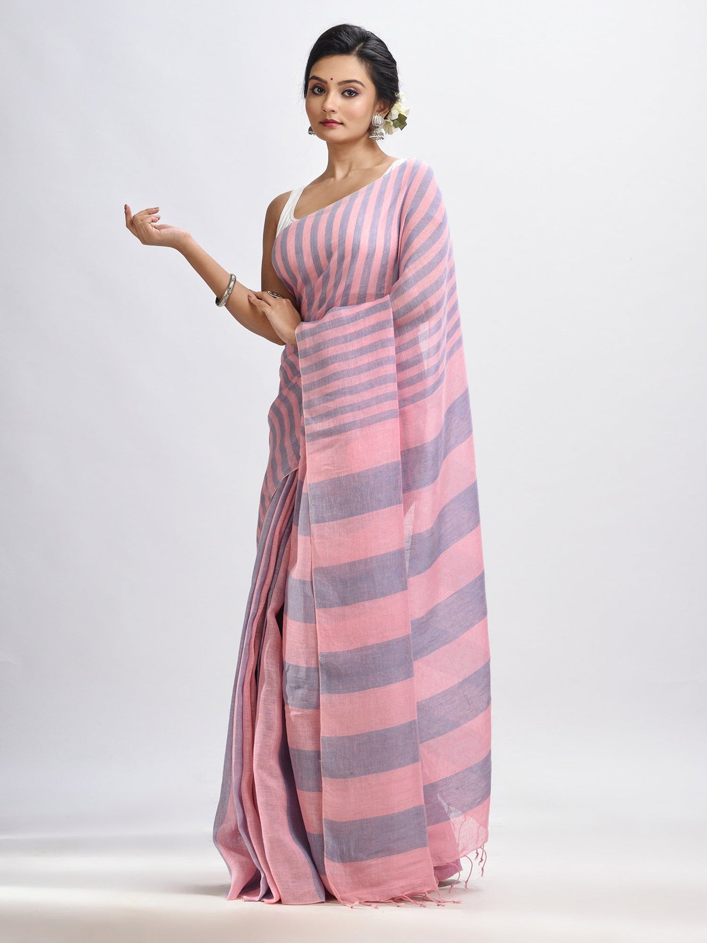 Women's Lemonade pink And Glaucous Stipe Handwoven linen handloom Saree