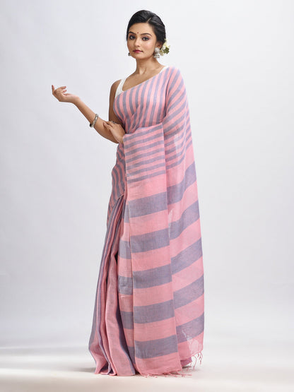 Women's Lemonade pink And Glaucous Stipe Handwoven linen handloom Saree