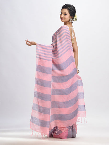 Women's Lemonade pink And Glaucous Stipe Handwoven linen handloom Saree