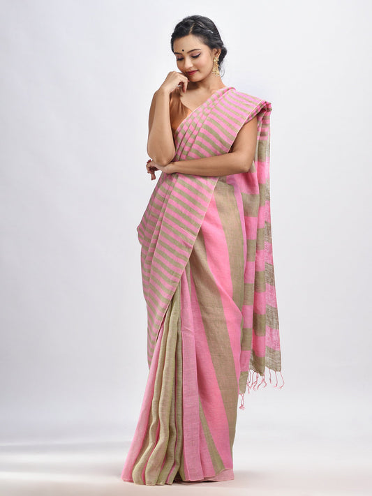 Women's Hillside green And pink Stipe Handwoven linen handloom Saree
