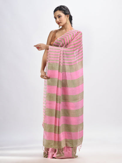 Women's Hillside green And pink Stipe Handwoven linen handloom Saree