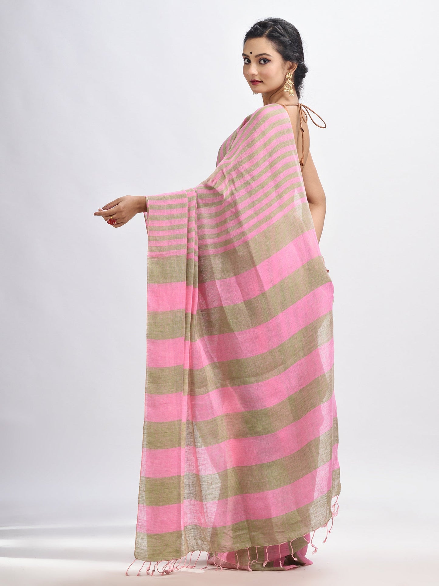 Women's Hillside green And pink Stipe Handwoven linen handloom Saree