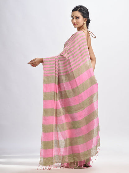 Women's Hillside green And pink Stipe Handwoven linen handloom Saree