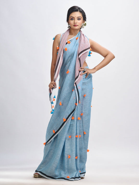 Women's Sky blue linen all body pom pom with pallu stipe handwoven saree
