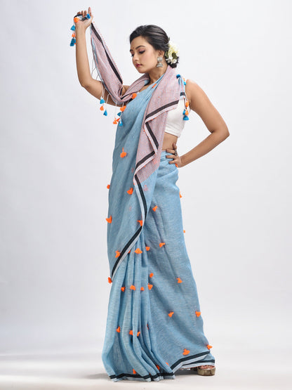 Women's Sky blue linen all body pom pom with pallu stipe handwoven saree