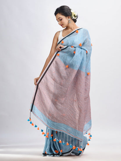 Women's Sky blue linen all body pom pom with pallu stipe handwoven saree