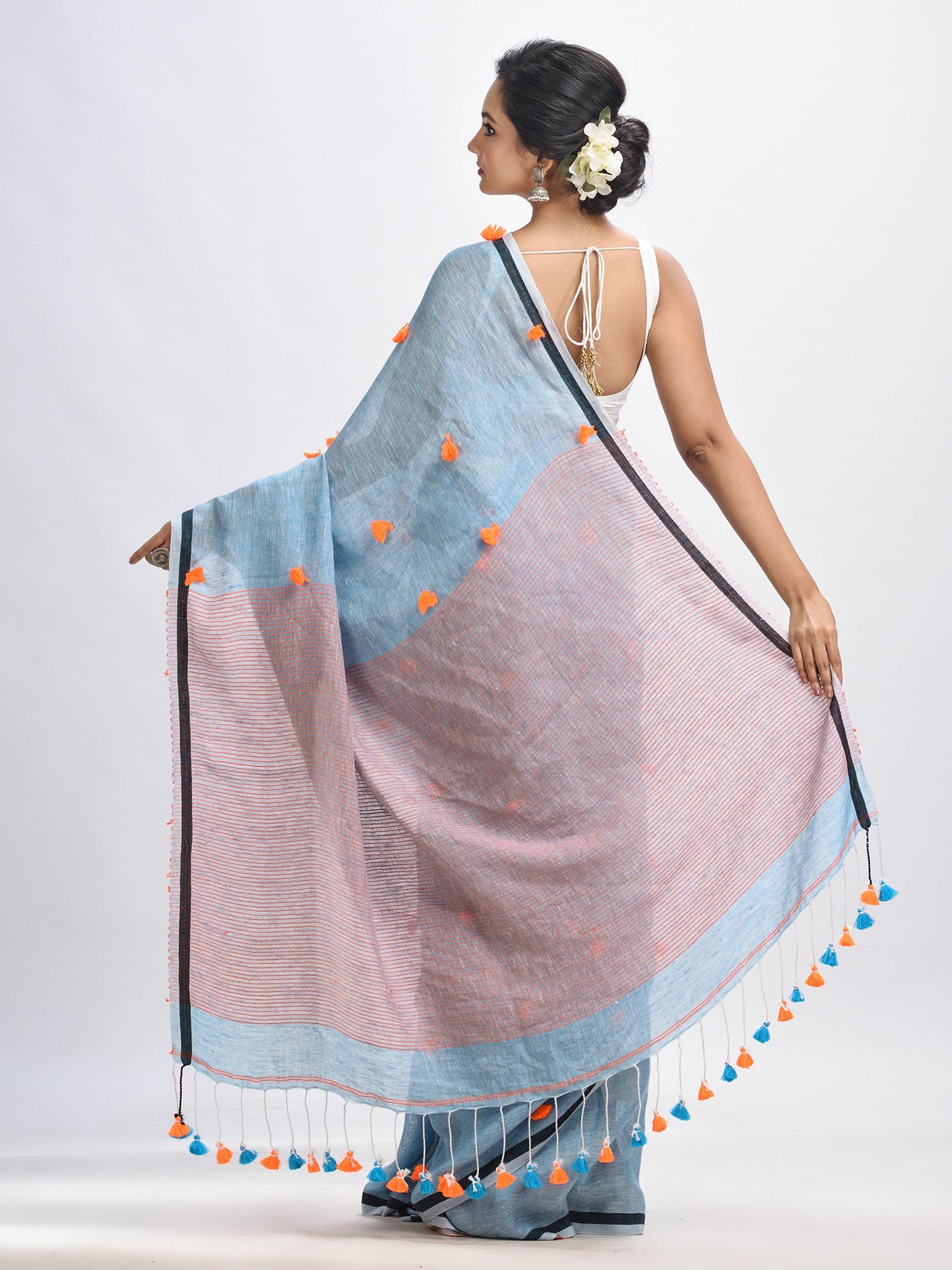 Women's Sky blue linen all body pom pom with pallu stipe handwoven saree