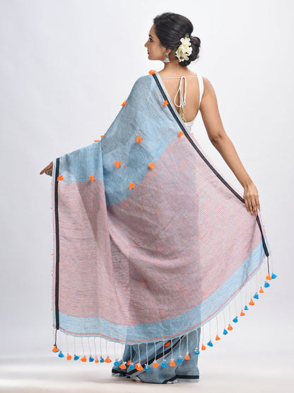 Women's Sky blue linen all body pom pom with pallu stipe handwoven saree