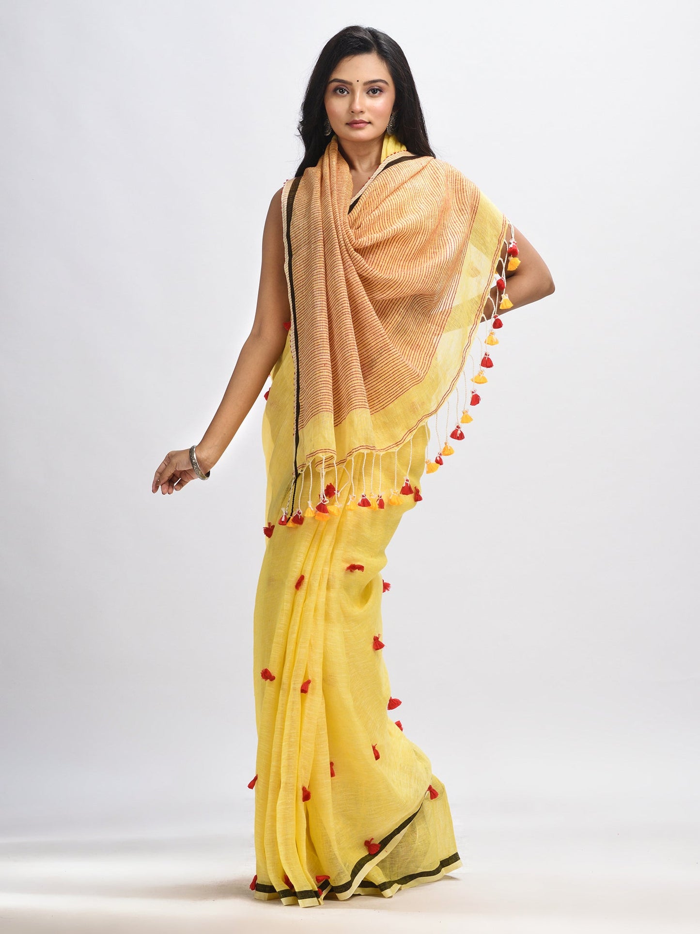 Women's Yellow linen all body pom pom with pallu stipe handwoven saree