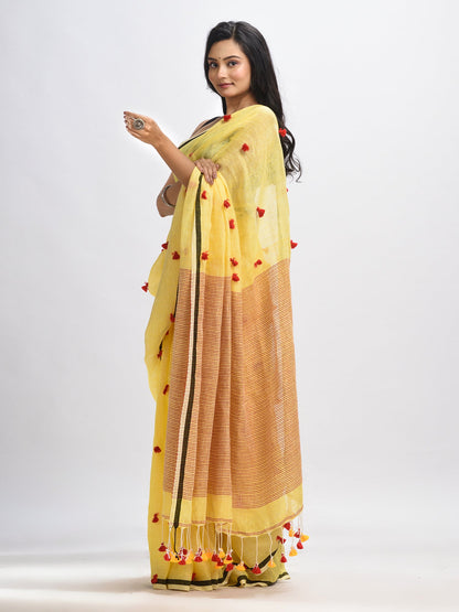 Women's Yellow linen all body pom pom with pallu stipe handwoven saree