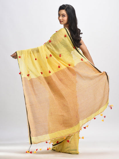 Women's Yellow linen all body pom pom with pallu stipe handwoven saree
