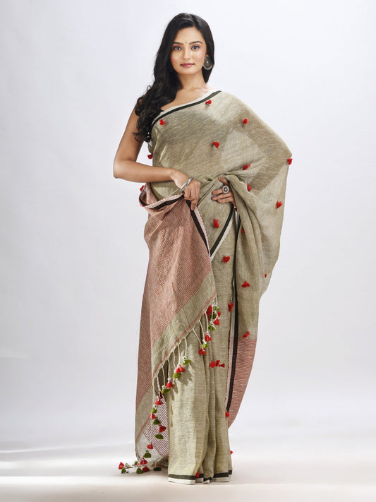 Women's Sege green linen all body pom pom with pallu stipe handwoven saree